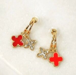 NEW  Red and Gold 4 Leaf Clover Enamel Drop Earrings with Pave Cubic Zirconia